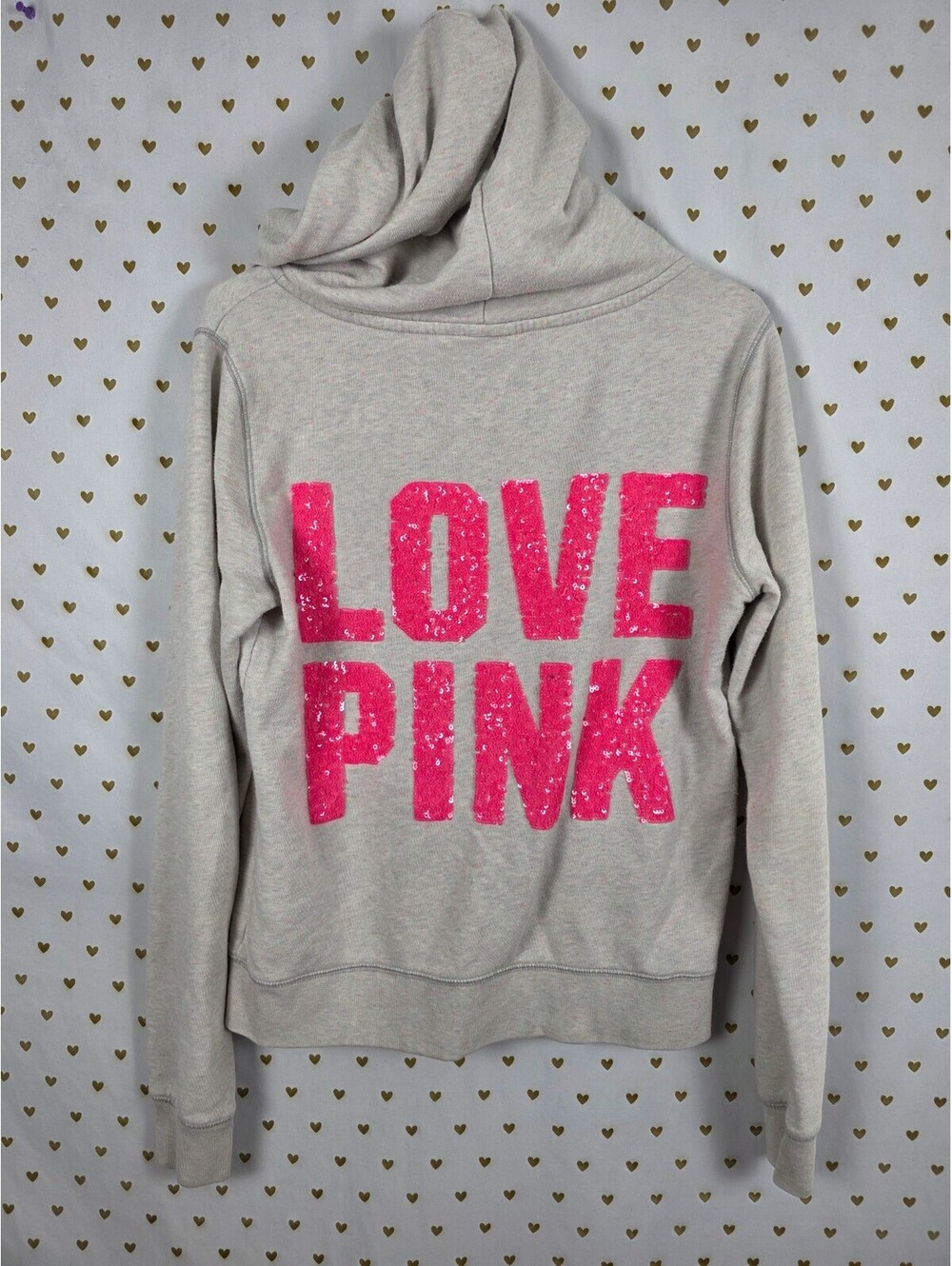 Victoria's Secret PINK Vintage Sequin LOVE PINK Hoodie Gray Neon Speckle M